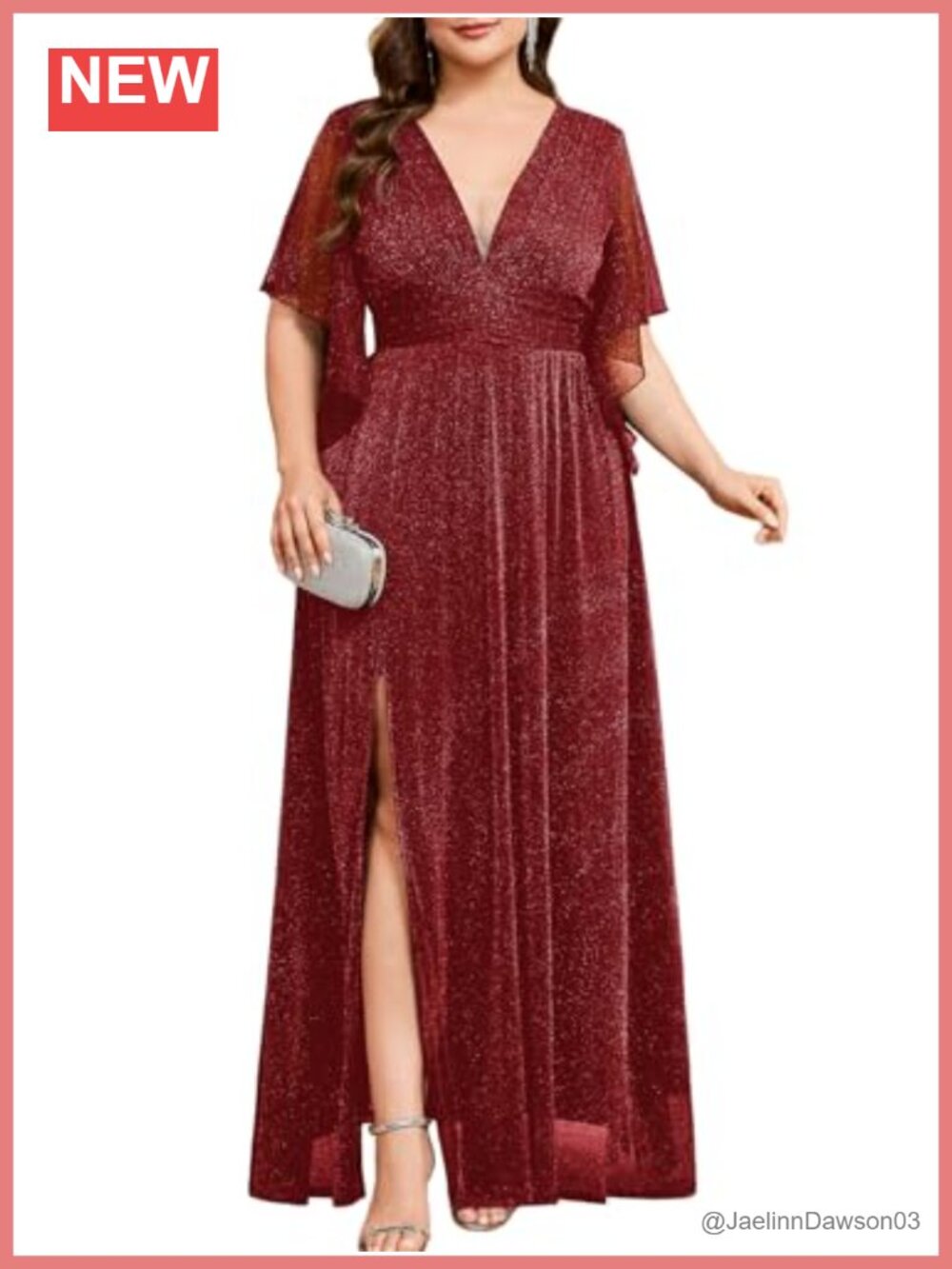 Plus Size Sparkly Mesh Formal Maxi Dress Deep V-Neck Slit A-Line Evening Gown
